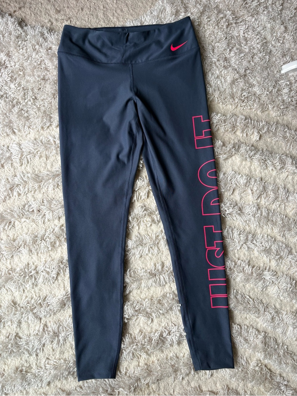 Nike Women’s Navy Blue Leggings with Pink 'Just Do It' Accent